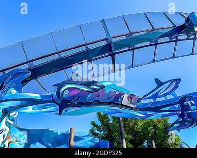 Orlando, FL USA - 25. Dezember 2019: Eine Illustration des Eingangs zum Mako Roller Coaster in SeaWorld Orlando Florida mit einem Haifischlogo und einem blauen Stockfoto