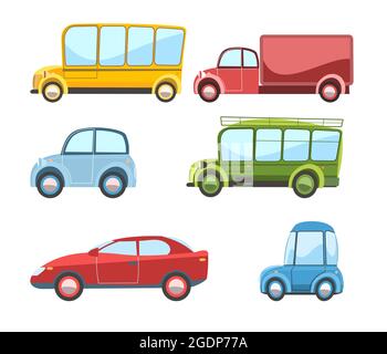 Satz von Autos. Cartoon Comic im lustigen Stil. Seitenansicht. Wunderschönes Retro Auto und Bus. Flacher Stil. Illustration für Kinder. Objekt ist auf Weiß isoliert Stock Vektor