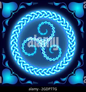 Triskelion. Uraltes heidnisches Muster, kreisförmiges Ornament, Neonlicht. Stock Vektor