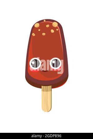 Schokoladeneis. Sommer Essen süßes Dessert. Flaches Design. Popsicle auf einem Stock. Cartoon lustige Figur. Nüsse. Das Objekt ist auf einem weißen isoliert Stock Vektor