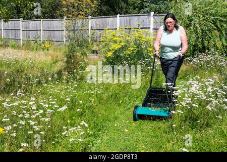 Frau lässt Gras länger wachsen und schneidet nur einen kurzen Weg durch es. Lässt wilde Blumen blühen und hilft Insekten. Stockfoto