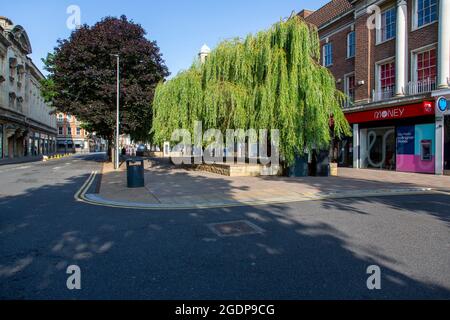 Weeping Willow und Geschäfte in der Paragon Street, Kingston upon Hull City Centre, East Yorkshire, Großbritannien Stockfoto