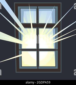 Das Fenster ist rechteckig. Mit Fensterbank und Wandfragmenten. Tag- und Sonnenstrahlen. Oder Nacht und Taschenlampe Licht. Cartoon-Stil. Flaches Design. Vektor Stock Vektor