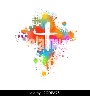 Mehrfarbiger Kreuzverfärbungen. Kreuz aus Regenbogenblots. Frohe Ostern. Vektorgrafik Stock Vektor