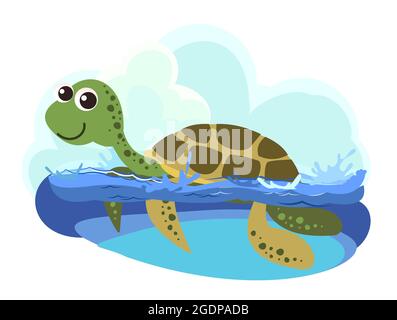 Schildkröte. Kleine Landschaft. Unterwasserwelt. Wilde Tiere. Meer, Meer. Sommerwasser. Isoliert auf weißem Hintergrund. Illustration im Cartoon-Stil. Vektor Stock Vektor