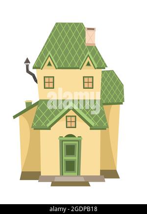 Einfaches Cartoon-Haus mit Kamin. Gemütliche schmale ländliche Wohnung in einem traditionellen europäischen Stil. Niedliches gelbes Haus. Isoliert auf weißem Hintergrund Stock Vektor