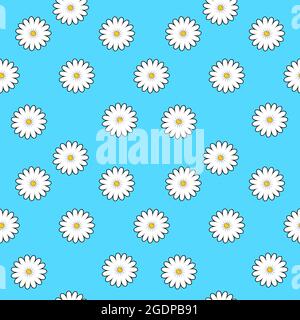 Nahtloses Vektormuster mit Gänseblümchen. Gänseblümchen Blume nahtlos auf blauem Hintergrund Illustration. Hübsches Blumenmuster zum Druck. Vektor mit flachem Design. Stock Vektor