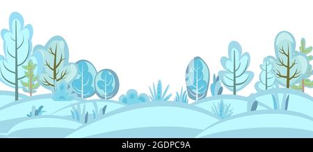 Winterlandschaft. Wunderschöne frostige Aussicht mit Schneebäumen. Illustration im einfachen flachen symbolischen Stil. Lustige Szene. Cartoon-Design. Land driftet ab Stock Vektor