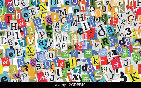 Collage aus Buchstaben, zufälligem Text und buntem Alphabet-Briefpapier Stockfoto