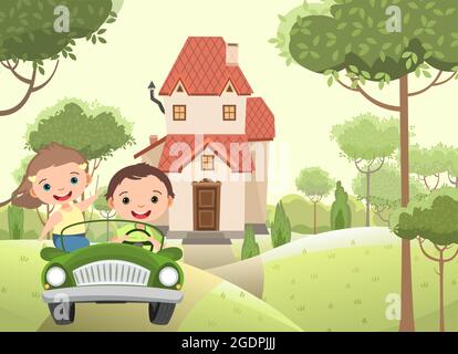 Kinder gehen auf Abenteuer in kleinen Auto. Kind fährt Pedal oder Spielzeug Elektroauto. Cartoon-Illustration für Kinder. Sommerhügellandschaft. Straße und Haus Stock Vektor