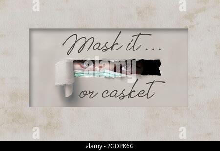 Eine Person, die eine medizinische Maske trägt, gucke aus einer Öffnung in dieser 3-d-Illustration über Masken, die Menschen vor Covid-19 schützen. Stockfoto