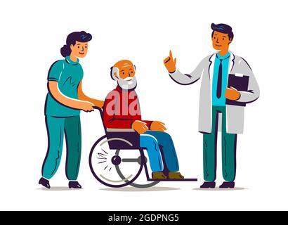 Konzept der Altenpflege. Krankenschwester Medizin Personal Patient Krankenhaus Arzt Rollstuhl flache Vektor-Illustration Stock Vektor