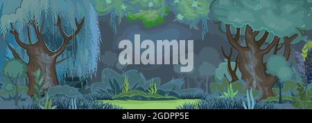 Waldlichtung am Abend. Dunkle Bäume in der Nacht. Spielplatz. Rand mit Gras und Hügeln. Wiese und Sträucher. Schöne und anmutige Bäume, Gras. Flach Stock Vektor