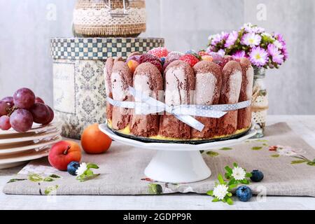 Französischer charlotte Kuchen mit Sommerfrüchten. Party-Dessert Stockfoto