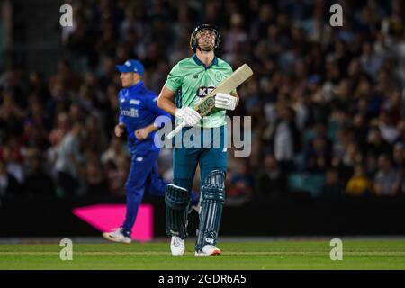 LONDON, GROSSBRITANNIEN. August 2021. Will Jacks of Oval Invincibles während der Hundert zwischen Oval Invincibles und London Spirit auf dem Oval Cricket Ground am Samstag, den 14. August 2021 in LONDON ENGLAND. Kredit: Taka G Wu/Alamy Live Nachrichten Stockfoto