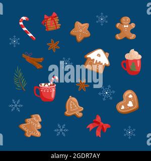 Neujahr Sammlung von Lebkuchen und heißen Getränken. Festliche Weihnachts-Vektorgrafiken im Cartoon-Stil. Zeichnungen für ein gemütliches Design. Stock Vektor