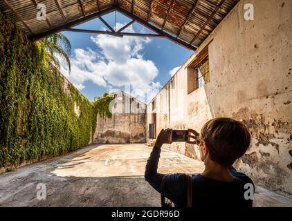 Frau fotografiert die Troje-Halle in der Ex-Hacienda La Venta, San Juan del Rio, Queretaro, Mexiko. Stockfoto