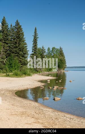 Die Küste des Clear Lake mit Reflexionen im Riding Mountain National Park, Manitoba, Kanada. Stockfoto