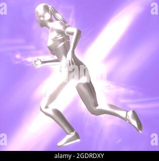 3D-Rendering einer silbernen weiblichen Figur, die auf einem violetten Hintergrund läuft und auf ihr ein Licht scheint Stockfoto