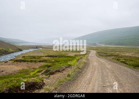 Die Schotterstraße über den Berg Thorskafjardarheidi in der isländischen Landschaft Stockfoto