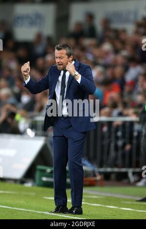 Swansea, Großbritannien. August 2021. Slavisa Jokanovic, die Managerin von Sheffield Utd, reagiert während des Spiels. EFL Skybet Championship match, Swansea City gegen Sheffield Utd im Swansea.com Stadium in Swansea am Samstag, 14. August 2021. Dieses Bild darf nur für redaktionelle Zwecke verwendet werden. Nur zur redaktionellen Verwendung, Lizenz für kommerzielle Nutzung erforderlich. Keine Verwendung in Wetten, Spiele oder einem einzigen Club / Liga / Spieler Publikationen. PIC von Andrew Orchard / Andrew Orchard Sport Fotografie / Alamy Live News Kredit: Andrew Orchard Sport Fotografie / Alamy Live News Stockfoto