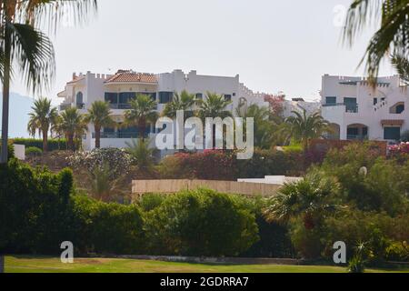 Typischer Blick auf die Grünfläche rund um die Hotels der Resortgegend von ​​Sharm El Sheikh in Ägypten. Stockfoto