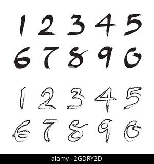 Zahlen 0-9 mit einem Pinsel auf weißem Hintergrund geschrieben. Leicht editierbare Vektorgrafik mit Ebenen. Stock Vektor