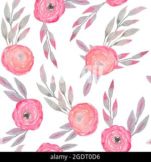 Aquarell von Hand gezeichnetes nahtloses Muster mit rosa grauen Blättern Blumen, Blumensträuße. Sommerdesign im Frühling für eleganten, pastellfarbenen, weichen Textilhintergrund. Baby Mädchen Dusche Kindergarten Dekor, romantische Hochzeit Stockfoto