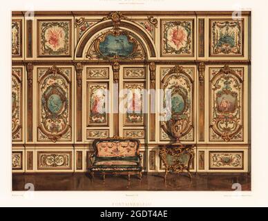 Rokoko-Wandpaneele von Francois Boucher und Möbel im gemeinderaum, Palast von Fontainebleau, 18. Jahrhundert. Salle de conseil, Chateau de Fontainebleau, XVIII. Jahrh. Chromolithographie von M. Koch aus Ernst Ewalds Farbigen Dekorationen, Alter und Never Zeit, Ernst Wasmuth, Berlin, 1889. Stockfoto