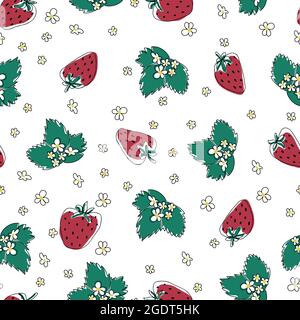 Erdbeermuster auf weißem Hintergrund. Doodle, von Hand gezeichnet, umreißen Früchte. Nahtloser Hintergrund mit Erdbeere und Blumen. Wiederhole die endlose Textur tr Stock Vektor