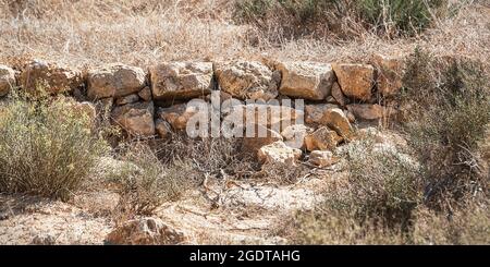 Detaillierte Nahaufnahme einer alten nabatäischen Steinmauer, die eine landwirtschaftliche Terrasse im Nahal Wadi Noked-Bach in der Negev-Wüste in Israel bildet Stockfoto