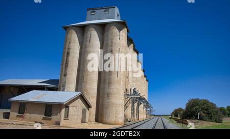 Die Ladefläche an den Eisenbahnsilos bei Mirrool NSW Australia Stockfoto