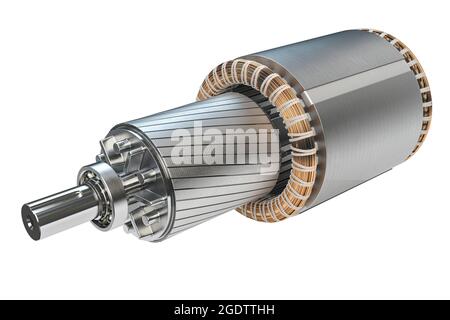 Rotor und Stator des Elektromotors auf weißem Hintergrund isoliert. 3d-Illustration Stockfoto