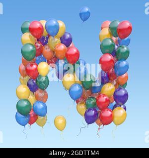 Buchstabe N von Ballons am Himmel. Textbrief für Feiertag, Geburtstag, Feier. 3d-Illustration Stockfoto