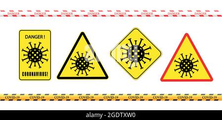 Eine Reihe von Schildern mit dem Bild des Coronavirus und der Inschrift Gefahr. Neuer Ausbruch des Coronavirus covid-19 Coronavirus Warnung. Vektorgrafik Stock Vektor
