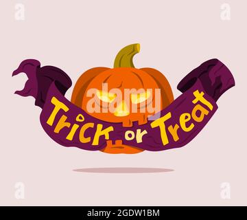Die Jack O'Laterne hält ein Band von Trick or Treat Wording im Mund. Stock Vektor
