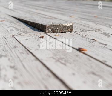 Nahaufnahme eines Holzbodens mit einem hervorragendem Brett. Stockfoto