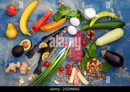 Ketogene Low Carbs Diät - Lebensmittelauswahl gut für Herz und Blutgefäße. Ausgewogene gesunde Bio-Ernährung mit Fleisch, Fisch und Gemüse. Stockfoto