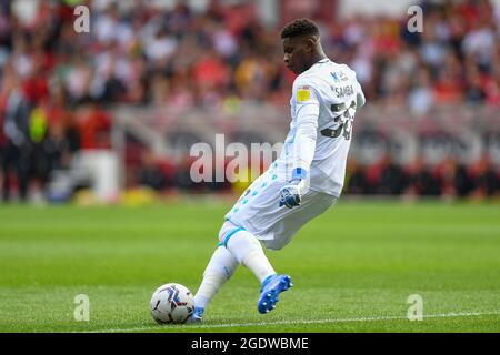 NOTTINGHAM, Großbritannien, 14. AUGUST Torhüter Brice Samba aus Nottingham Forest in Aktion während des Sky Bet Championship-Spiels zwischen Nottingham Forest und Bournemouth am City Ground, Nottingham, am Samstag, 14. August 2021. (Kredit: Jon Hobley | MI News) Stockfoto