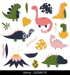 Farbenfrohes handgezeichnetes Set mit Dinosaurier, tropischen Blättern, Vulkan, Baby Dino im Ei. Farbenfrohes Design für die Kinderkrippe. Kindliche jurassische Reptilien Charaktere. Vektorgrafik Stock Vektor