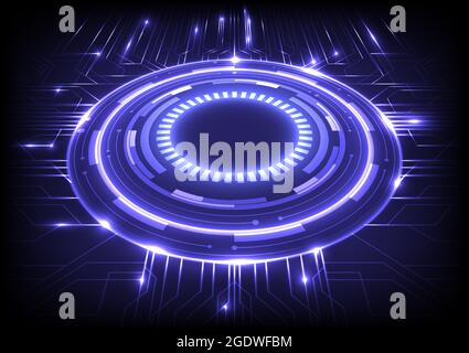 Futuristischer Sci-Fi-leuchtender HUD-Kreis. Data Engineering. Abstraktes Hologramm Hi-Tech Hintergrund. Virtual Reality holographisch und Leiterplatte. Digitale p Stock Vektor