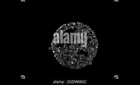 3d Rendering verschiedene mechanische glänzende Metallteile in Form eines Symbols des Globus Asien Kontinent isoliert auf schwarzem Hintergrund Stockfoto