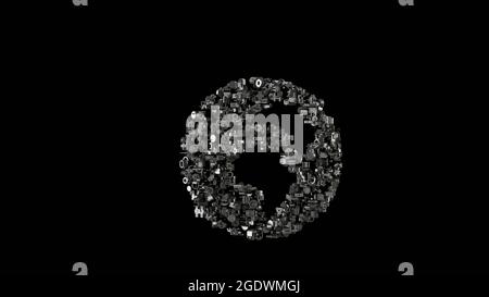 3d Rendering verschiedene mechanische glänzende Metallteile in Form von Symbol des Globus mit Afrika Kontinent isoliert auf schwarzem Hintergrund Stockfoto