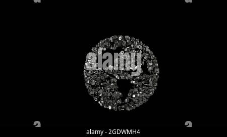 3d Rendering verschiedene mechanische glänzende Metallteile in Form eines Symbols der Welt Amerikas Kontinente isoliert auf schwarzem Hintergrund Stockfoto