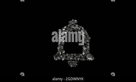 3d-Rendering verschiedene mechanische glänzende Metallteile in Form von Symbol der Glocke isoliert auf schwarzem Hintergrund Stockfoto