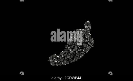 3d-Rendering verschiedene mechanische glänzende Metallteile in Form eines Symbols von Pfeffer heiß isoliert auf schwarzem Hintergrund Stockfoto