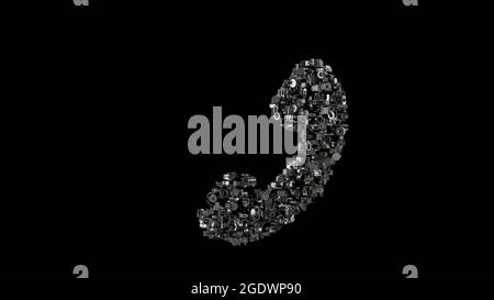 3d-Rendering verschiedene mechanische glänzende Metallteile in Form eines Symbols für Kopfhörer isoliert auf schwarzem Hintergrund Stockfoto