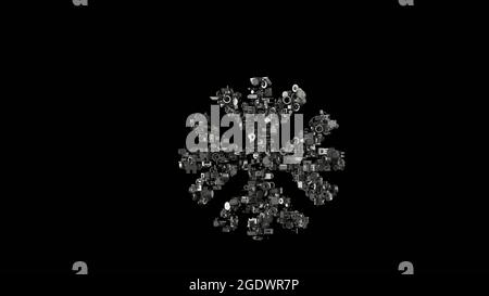 3d Rendering verschiedene mechanische glänzende Metallteile in Form eines Symbols der Schneeflocke isoliert auf schwarzem Hintergrund Stockfoto