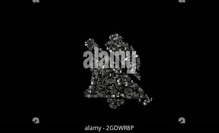 3d-Rendering verschiedene mechanische glänzende Metallteile in Form eines Symbols von Glockenstrich isoliert auf schwarzem Hintergrund Stockfoto