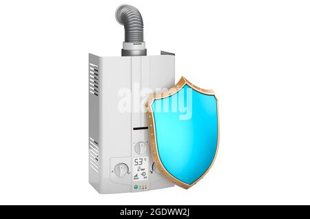 Home Gas-Warmwasserbereiter mit Schild, 3D-Rendering isoliert auf weißem Hintergrund Stockfoto